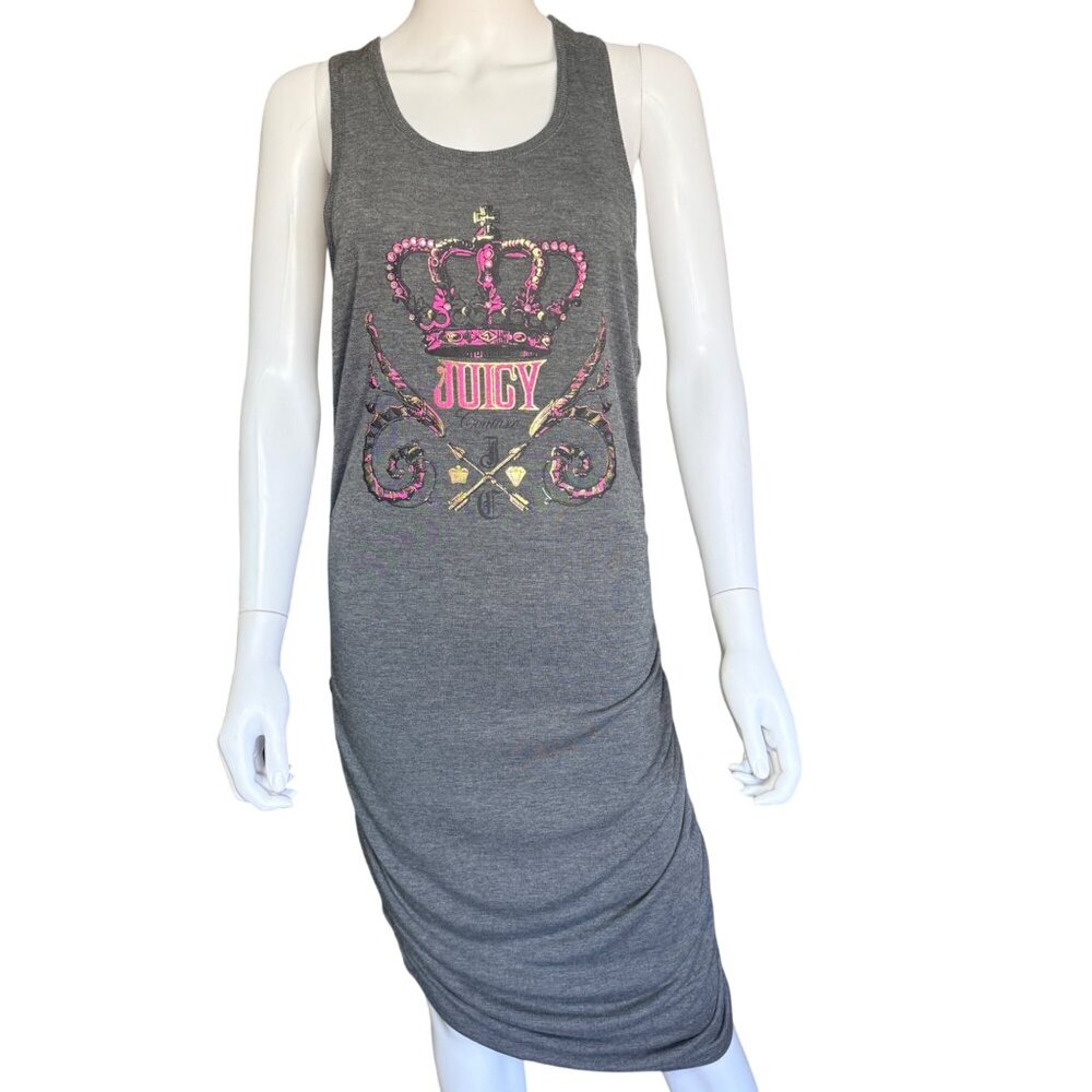 Juicy Couture Dress Womens XL Gray Polyester Racerback Crown Graphic Ruched Tank